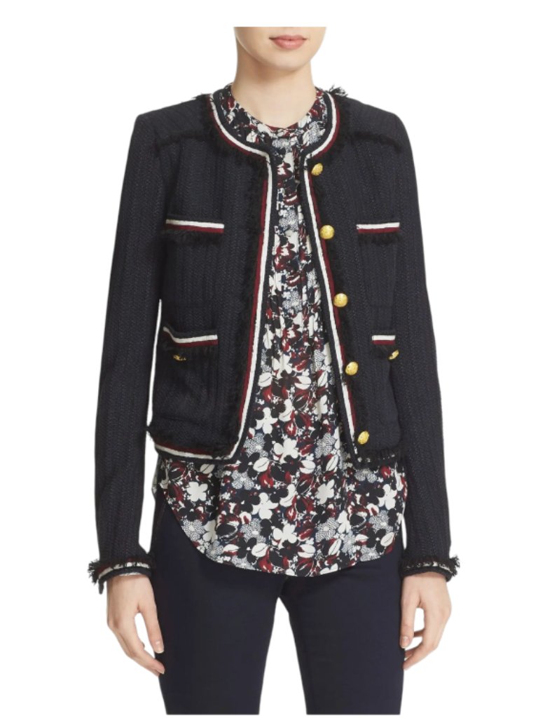 Veronica Beard Eclipse Fringe Blazer Jacket Womens 6 Navy Blue Red Gold Buttons